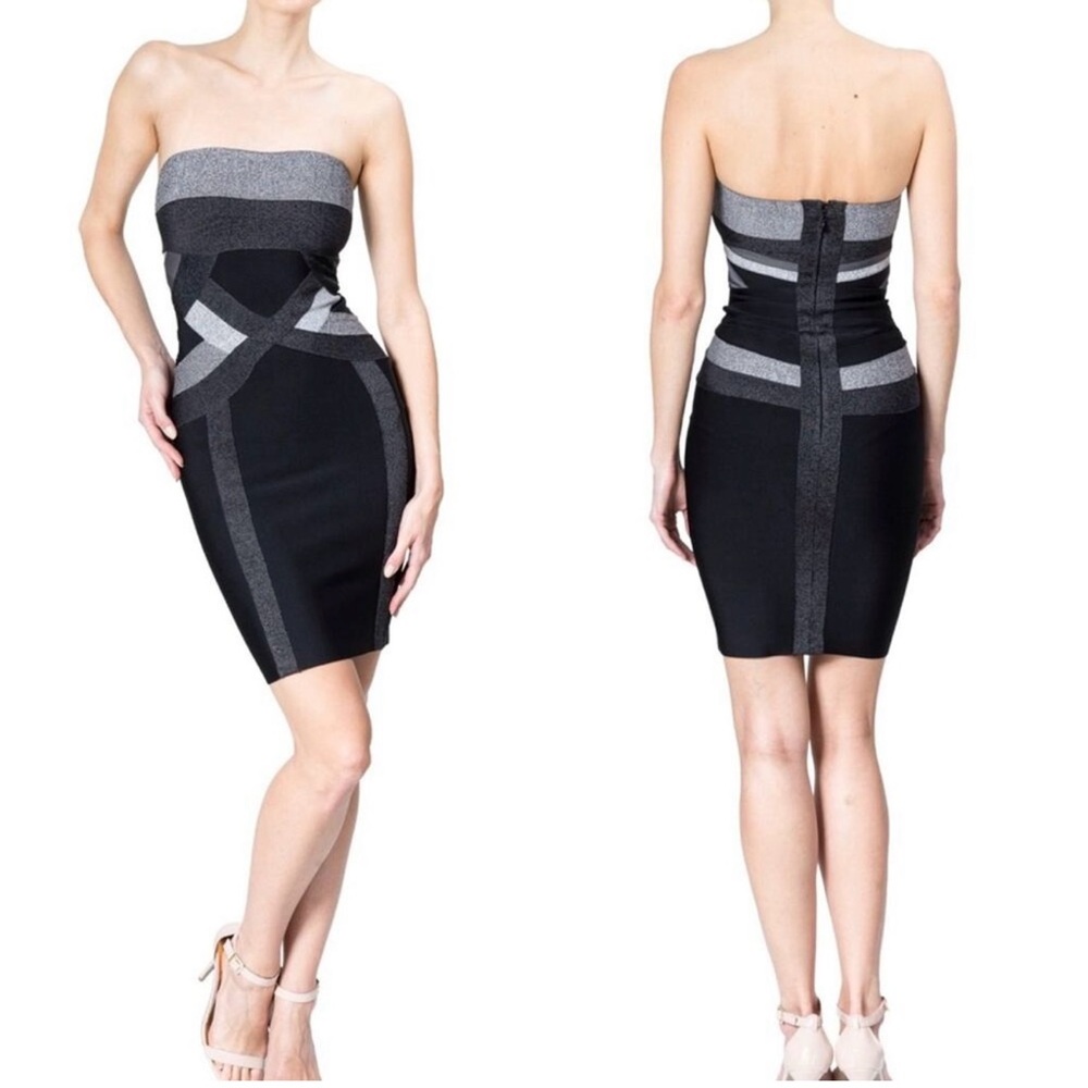 Herve Leger Black and Gray Strapless Dress